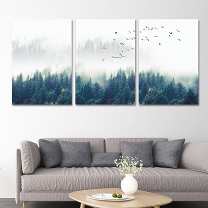 Vivolux | Textured Groene Canvas Print Moderne Vogels Zwijgen Vliegen over Mistige Bos Wanddecoratie Set