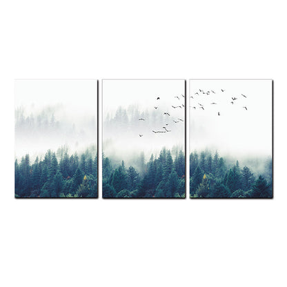 Vivolux | Textured Groene Canvas Print Moderne Vogels Zwijgen Vliegen over Mistige Bos Wanddecoratie Set