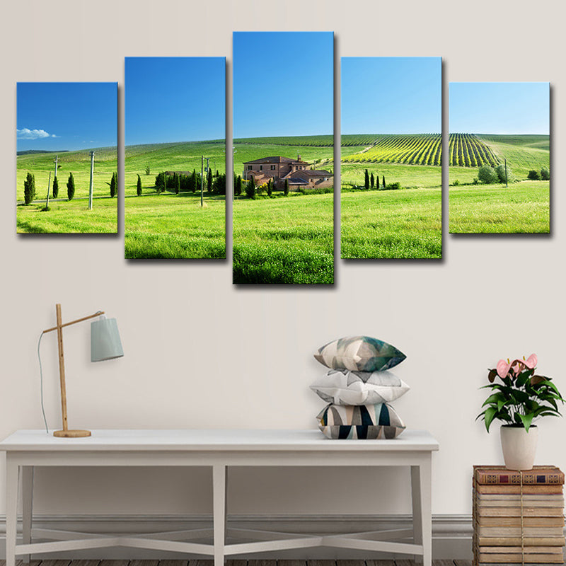 Vivolux | Farm Landschaft Wandkunst Dekor Modern Weite Wiesenlandschaft Leinwand in Grün und Blau