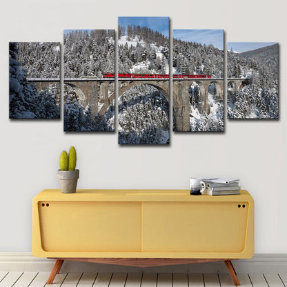 Vivolux | Grauer verschneiter Bergwald Kunstdruck Viadukt modernes mehrteiliges Wanddekor für Zuhause