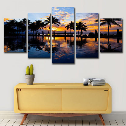 Vivolux | Tropischer Sonnenuntergang Blick Wandkunst Gelbes Schwimmbad Leinwanddruck für Hotel, Mehrteilig