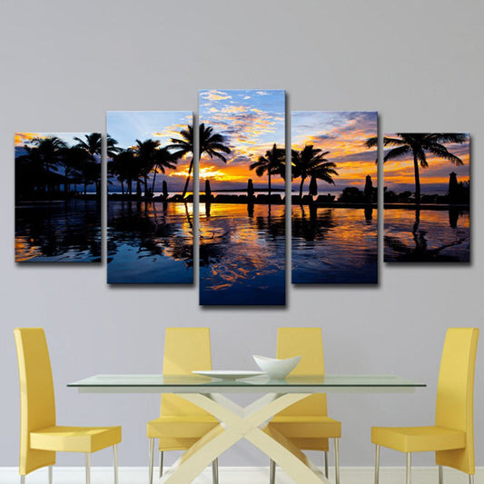Vivolux | Tropischer Sonnenuntergang Blick Wandkunst Gelbes Schwimmbad Leinwanddruck für Hotel, Mehrteilig