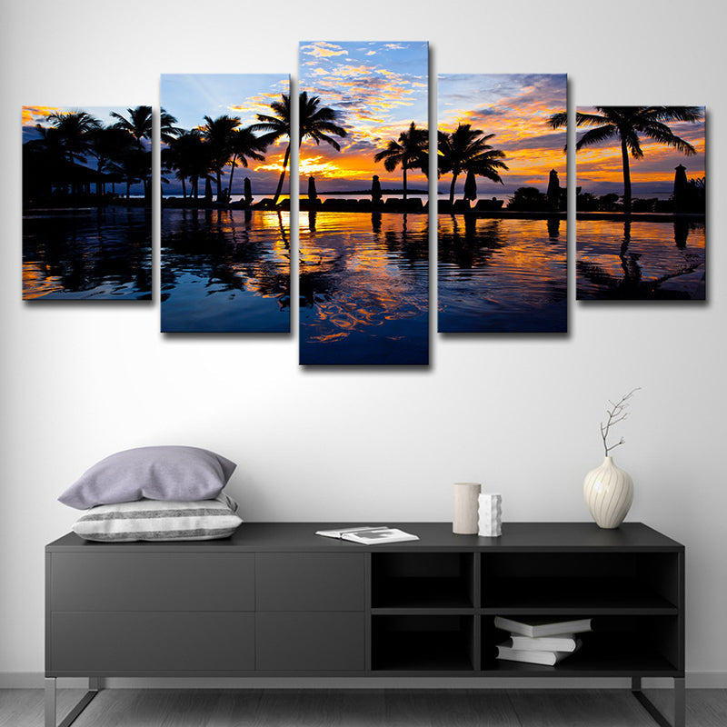 Vivolux | Tropischer Sonnenuntergang Blick Wandkunst Gelbes Schwimmbad Leinwanddruck für Hotel, Mehrteilig