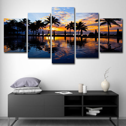 Vivolux | Tropischer Sonnenuntergang Blick Wandkunst Gelbes Schwimmbad Leinwanddruck für Hotel, Mehrteilig