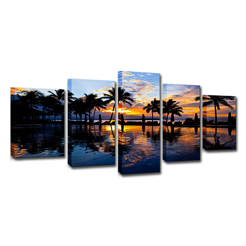 Vivolux | Tropischer Sonnenuntergang Blick Wandkunst Gelbes Schwimmbad Leinwanddruck für Hotel, Mehrteilig