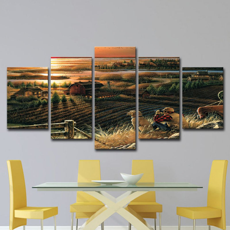 Vivolux | Foto-Druck Sonnenuntergang Landwirtschaft Leinwand Wandkunst für Wohnzimmer, Braun, Mehrteilig