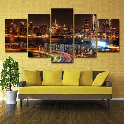 Vivolux | Urbane Wanddekoration Braune New York City Nachtlandschaft Leinwand Wandkunst für Wohnzimmer