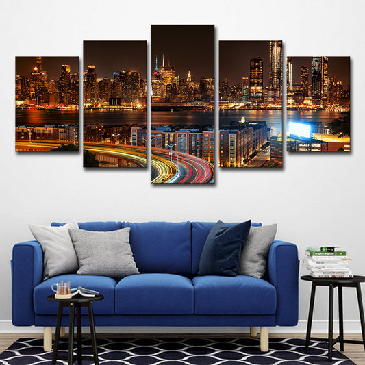 Vivolux | Urbane Wanddekoration Braune New York City Nachtlandschaft Leinwand Wandkunst für Wohnzimmer