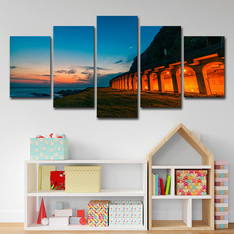 Vivolux | Blaue Sonnenuntergang Landschaft Wandkunst Dekor Gebogen Architektur Modern Mehrteilige Leinwand