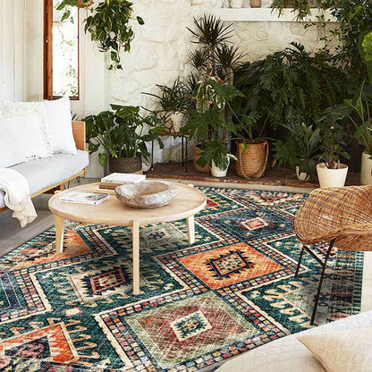 Vivolux | Retro Tribal Pattern Teppich Grün Polyester Teppich Maschinenwaschbar Rutschfeste Rückseite Teppich für Wohnzimmer
