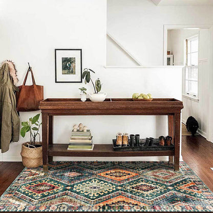 Vivolux | Retro Tribal Pattern Teppich Grün Polyester Teppich Maschinenwaschbar Rutschfeste Rückseite Teppich für Wohnzimmer