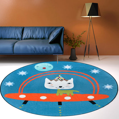Vivolux | Süßer Kinderteppich in Blau Tier Katze Raumschiff Muster Teppich Polyester Rutschfeste Rückseite Teppich für Kinderzimmer