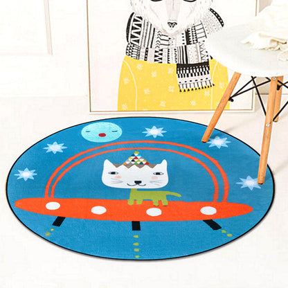 Vivolux | Süßer Kinderteppich in Blau Tier Katze Raumschiff Muster Teppich Polyester Rutschfeste Rückseite Teppich für Kinderzimmer
