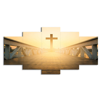 Vivolux | Religiöse Wandkunst Moderne bezaubernde Brücke zum Kreuz bei Sonnenuntergang Leinwand in Gelb