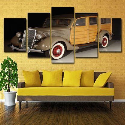 Vivolux | Gelber Ford Vintage Auto Leinwand Multi-Stück Zeitgenössische Wohnzimmer Wandkunst Dekor