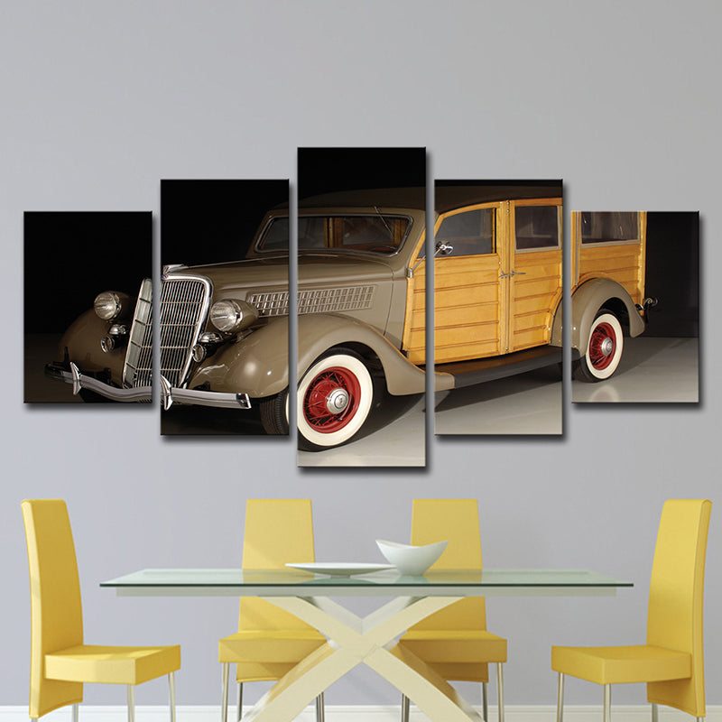 Vivolux | Gelber Ford Vintage Auto Leinwand Multi-Stück Zeitgenössische Wohnzimmer Wandkunst Dekor