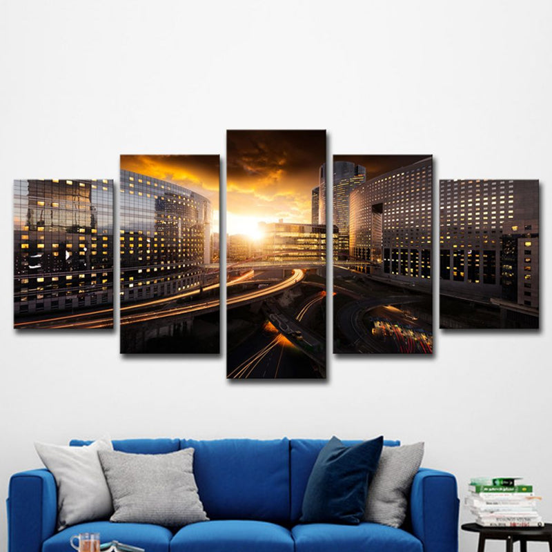 Vivolux | Urban Sunset Stadtansicht Wandkunst Schwarz und Gold Mehrteiliges Leinwanddruck für Zuhause
