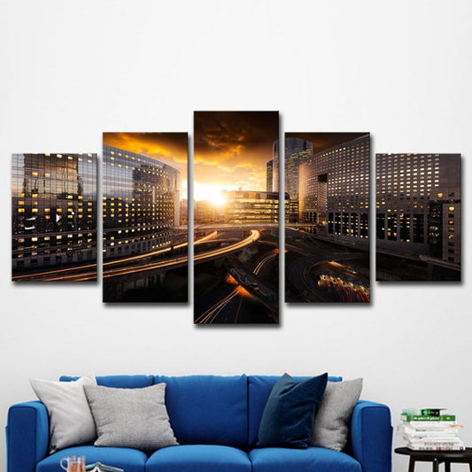 Vivolux | Urban Sunset Stadtansicht Wandkunst Schwarz und Gold Mehrteiliges Leinwanddruck für Zuhause