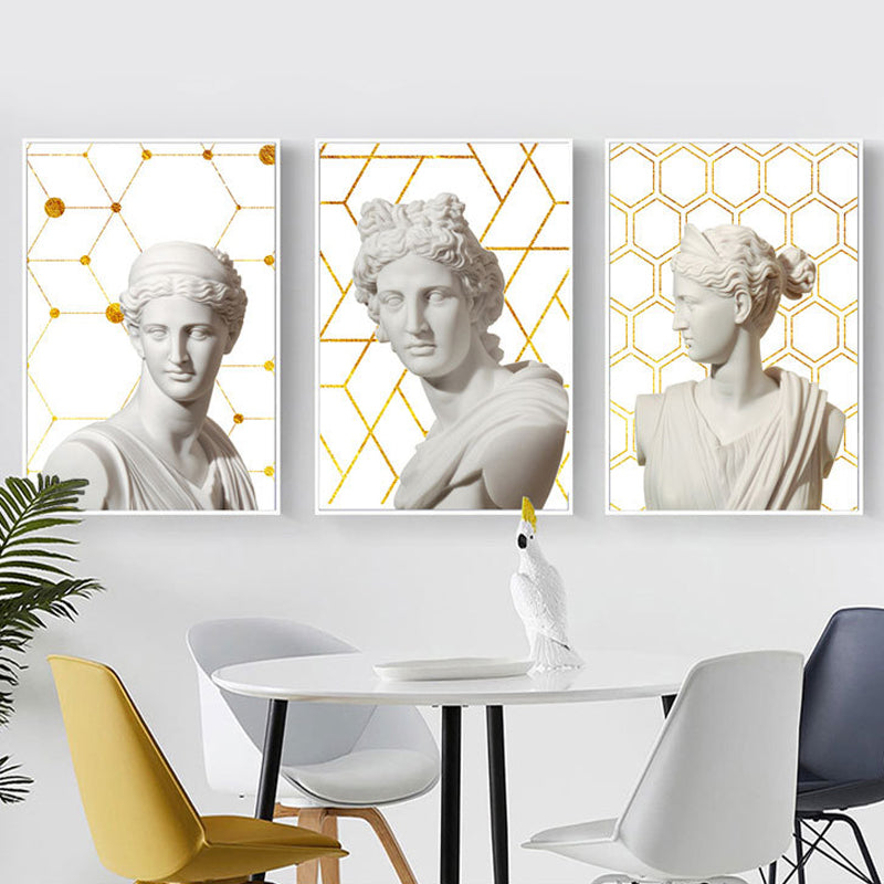 Vivolux | Griechischer Status und geometrische Leinwand Vintage strukturierter Wandkunstdruck in Weiß-Gold für das Zuhause