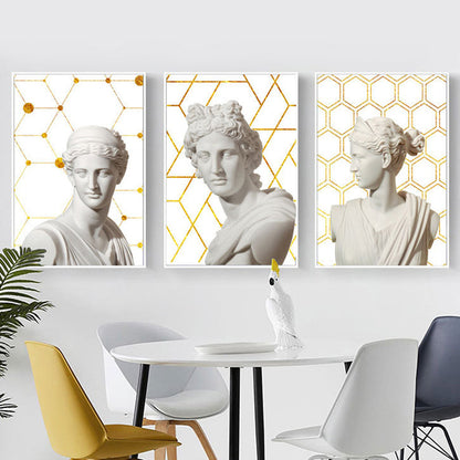 Vivolux | Griechischer Status und geometrische Leinwand Vintage strukturierter Wandkunstdruck in Weiß-Gold für das Zuhause