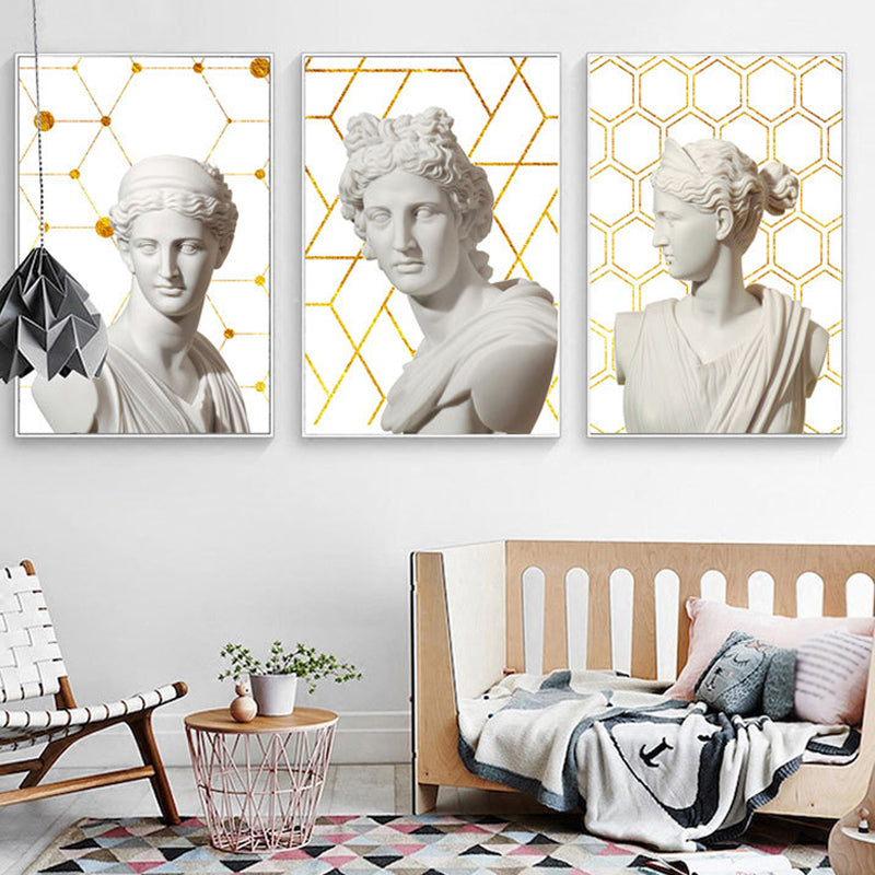 Vivolux | Griechischer Status und geometrische Leinwand Vintage strukturierter Wandkunstdruck in Weiß-Gold für das Zuhause