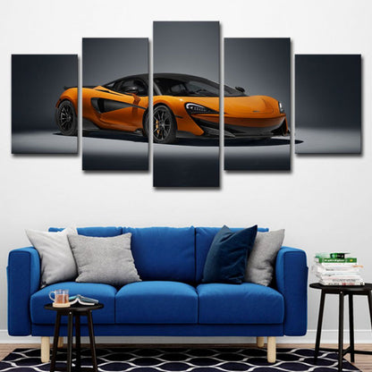 Vivolux | Orangenes Sportwagen-Wandkunst Automobil Modernes Mehrteiliges Leinwanddruck für das Schlafzimmer