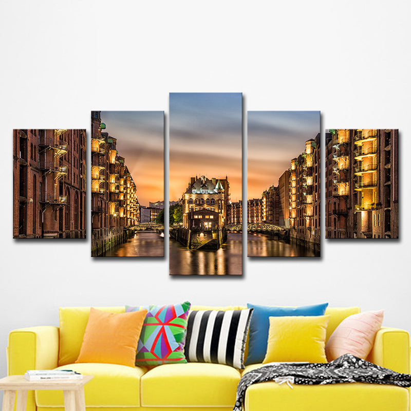 Vivolux | Glam Night Cityscape Wanddekoration Gold Hamburg Wasserburg Leinwand Wandkunst für das Wohnzimmer