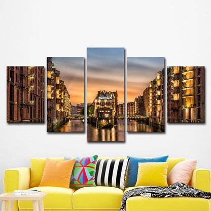 Vivolux | Glam Night Cityscape Wanddekoration Gold Hamburg Wasserburg Leinwand Wandkunst für das Wohnzimmer