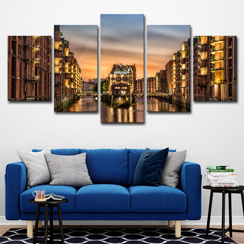 Vivolux | Glam Night Cityscape Wanddekoration Gold Hamburg Wasserburg Leinwand Wandkunst für das Wohnzimmer