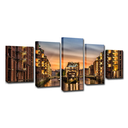 Vivolux | Glam Night Cityscape Wanddekoration Gold Hamburg Wasserburg Leinwand Wandkunst für das Wohnzimmer