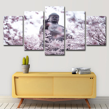 Vivolux | Rosa Moderne Wanddekore Buddhistisch mit Kirschblüten Leinwand Kunst für Wohnzimmer
