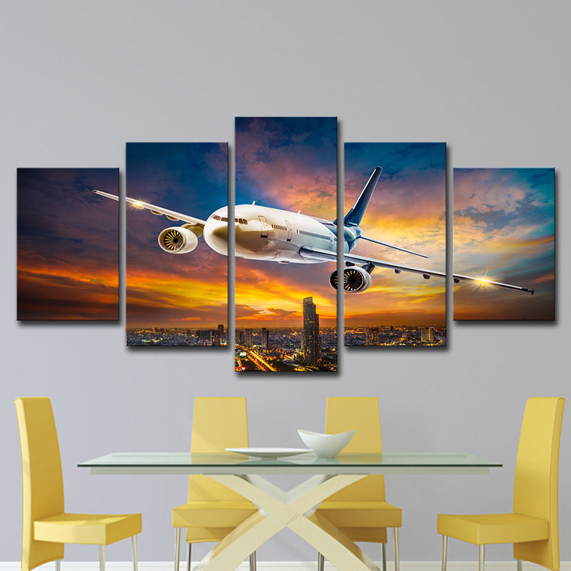Vivolux | Sunset Glow Cityscape Wanddecoratie Slaapkamer Vliegtuigafdruk Canvas Kunst in Wit, Meerdere Stukken
