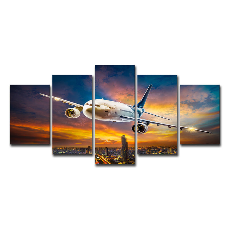 Vivolux | Sunset Glow Cityscape Wanddecoratie Slaapkamer Vliegtuigafdruk Canvas Kunst in Wit, Meerdere Stukken