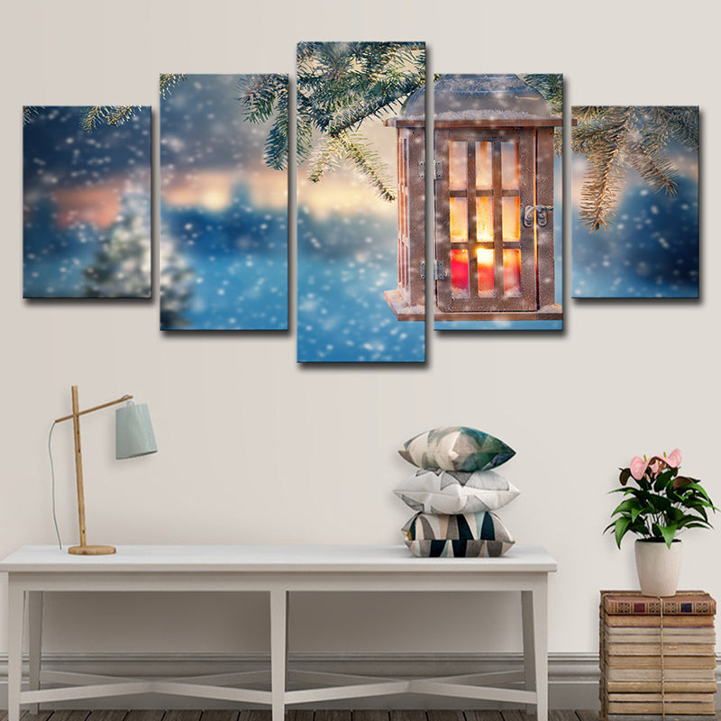 Vivolux | Sneeuwachtige Kerstmis Wanddecoratie Moderne Stralende Lantaarn Canvas Print in Blauw voor Slaapkamer