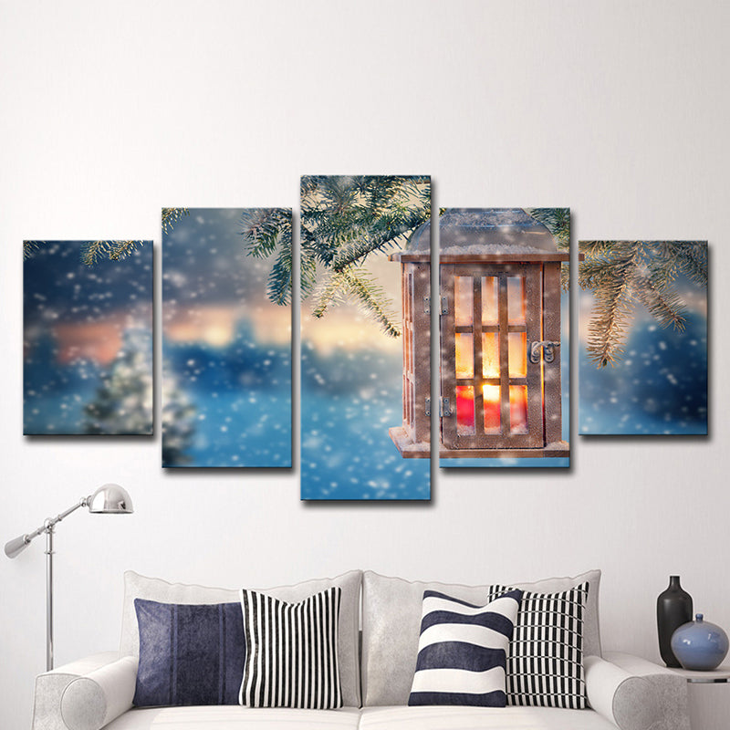 Vivolux | Sneeuwachtige Kerstmis Wanddecoratie Moderne Stralende Lantaarn Canvas Print in Blauw voor Slaapkamer