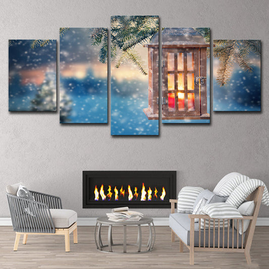 Vivolux | Sneeuwachtige Kerstmis Wanddecoratie Moderne Stralende Lantaarn Canvas Print in Blauw voor Slaapkamer