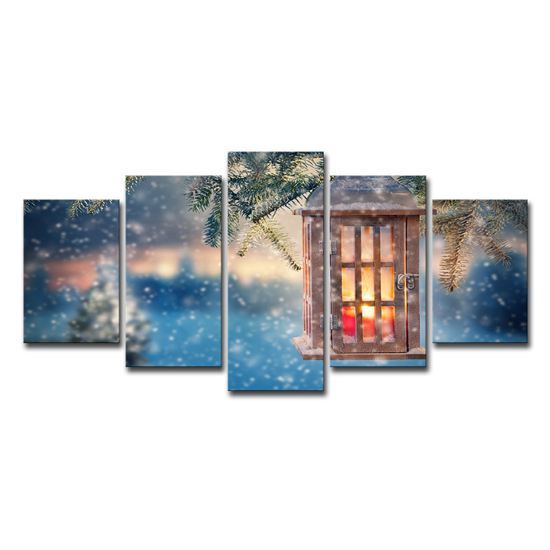 Vivolux | Sneeuwachtige Kerstmis Wanddecoratie Moderne Stralende Lantaarn Canvas Print in Blauw voor Slaapkamer