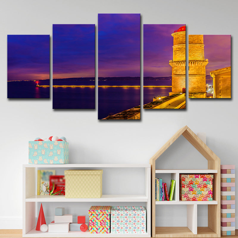 Vivolux | Lila Glam Wandkunst Dekor Brücke und Fluss Nachtstadtlandschaft Leinwand für Wohnzimmer