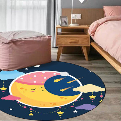 Vivolux | Blauer Kinderzimmerteppich Kinder Märchen Mond Sterne Muster Teppich Polyester  
Rutschfeste Rückseite Teppich