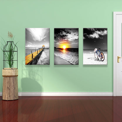 Vivolux | Tropix Strand Seascape Wandkunst Set Grau und Gelb Texturiertes Canvas für Hausinterieur