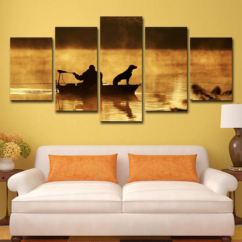 Vivolux | Fischer und sein Hund Leinwanddruck Brauner Moderner Stil Wandkunst Dekor für Wohnzimmer