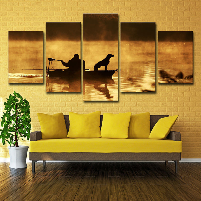 Vivolux | Fischer und sein Hund Leinwanddruck Brauner Moderner Stil Wandkunst Dekor für Wohnzimmer