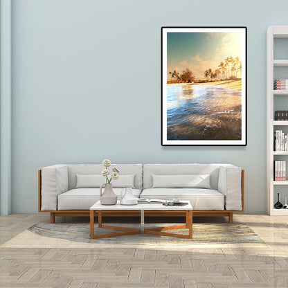 Vivolux | Strandlandschaft Kunstdruck Tropix Schöner Palmenbaum und Sonnenlicht Wanddeko in sanften Farben