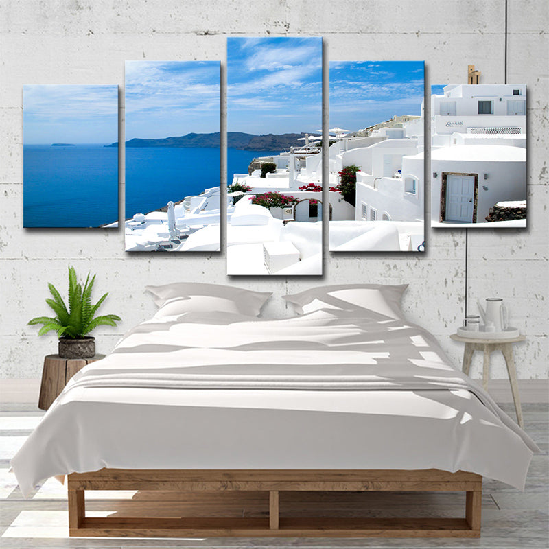 Vivolux | Global Inspired Seascape Wandkunst Weiß und Blau Santorini Insel Leinwanddruck für Schlafzimmer