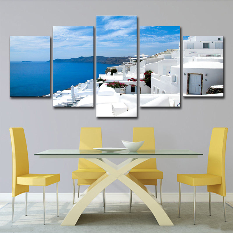 Vivolux | Global Inspired Seascape Wandkunst Weiß und Blau Santorini Insel Leinwanddruck für Schlafzimmer