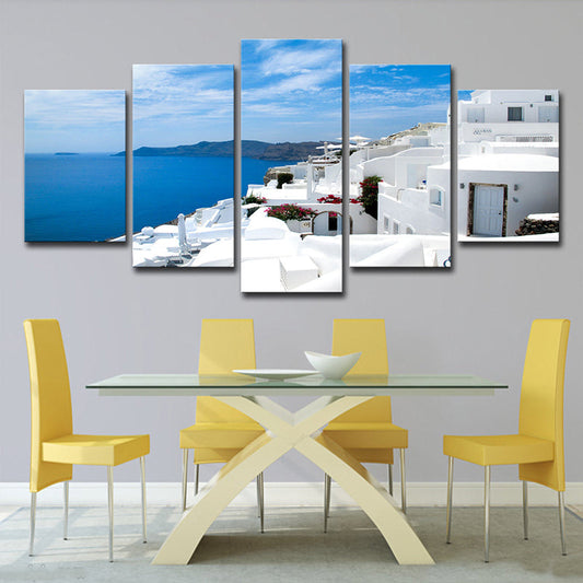 Vivolux | Global Inspired Seascape Wandkunst Weiß und Blau Santorini Insel Leinwanddruck für Schlafzimmer