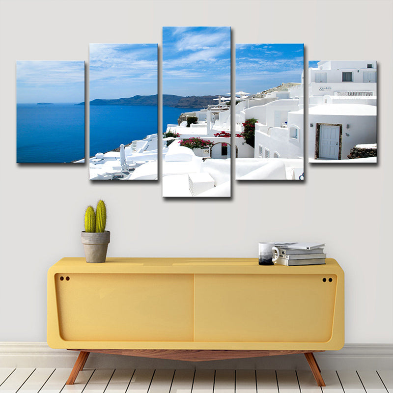 Vivolux | Global Inspired Seascape Wandkunst Weiß und Blau Santorini Insel Leinwanddruck für Schlafzimmer