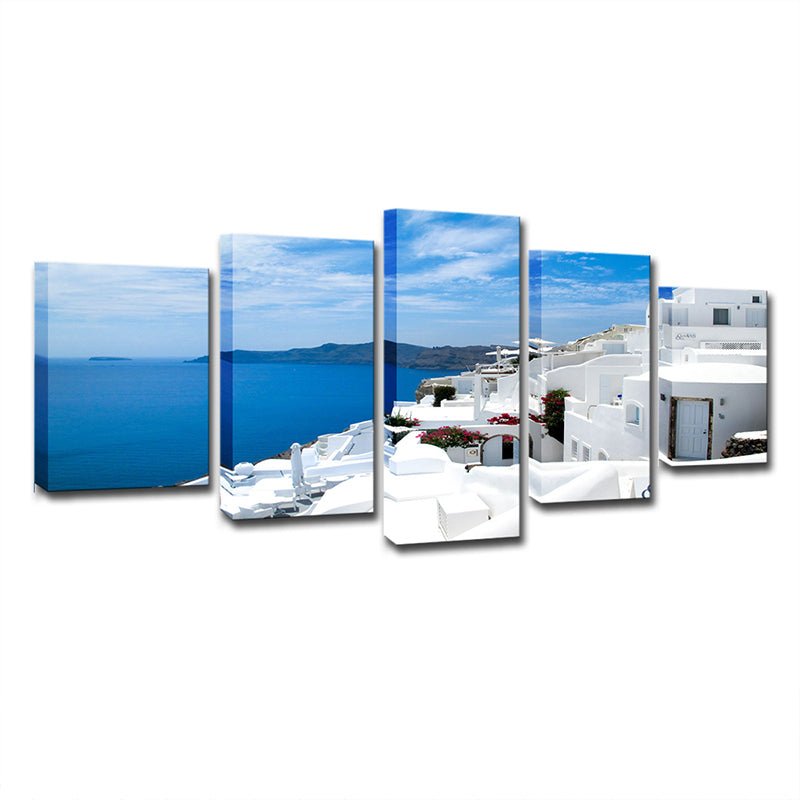 Vivolux | Global Inspired Seascape Wandkunst Weiß und Blau Santorini Insel Leinwanddruck für Schlafzimmer