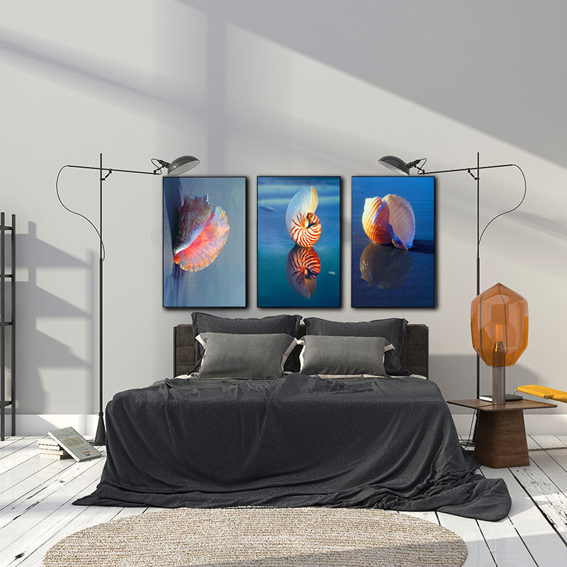 Vivolux | Foto Gedruckte Muschel Leinwand Wandkunst für das Wohnzimmer, Blau und Pink, Set von 3