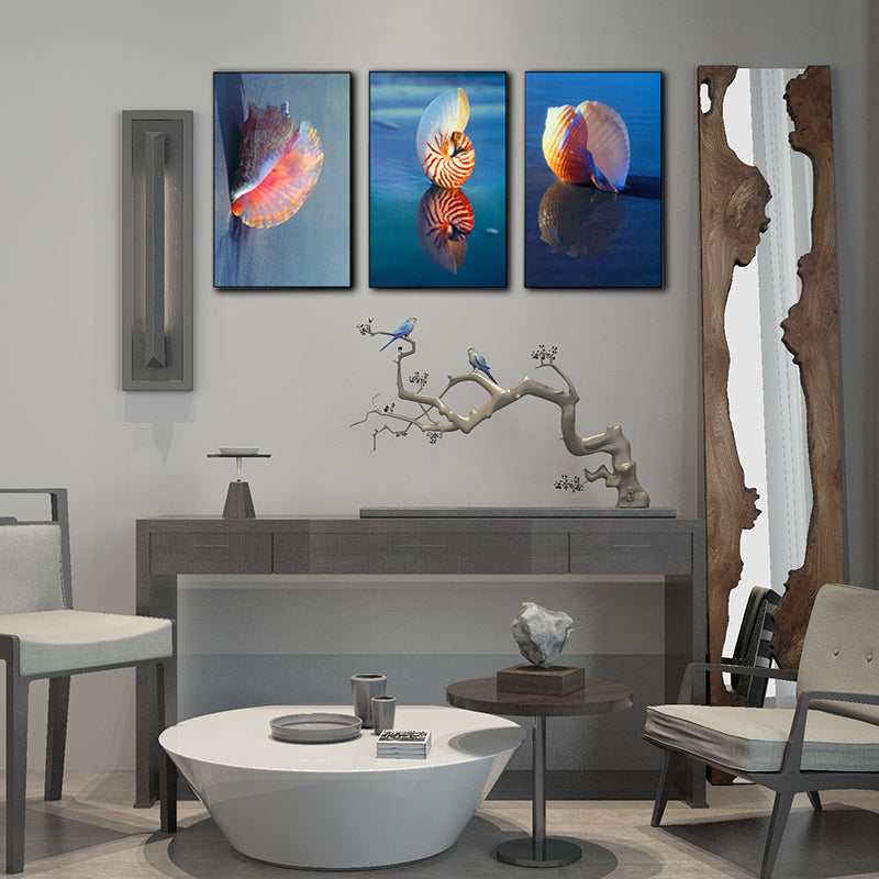 Vivolux | Foto Gedruckte Muschel Leinwand Wandkunst für das Wohnzimmer, Blau und Pink, Set von 3